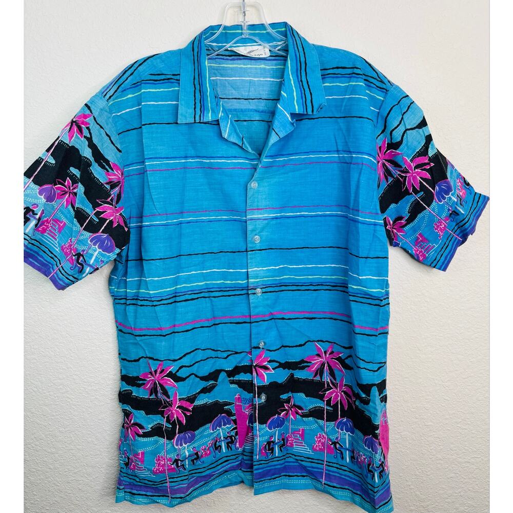 Repage 1980s Retro Vintage Hawaiian Shirt, Blue Pink Black Men's Size Med/Large